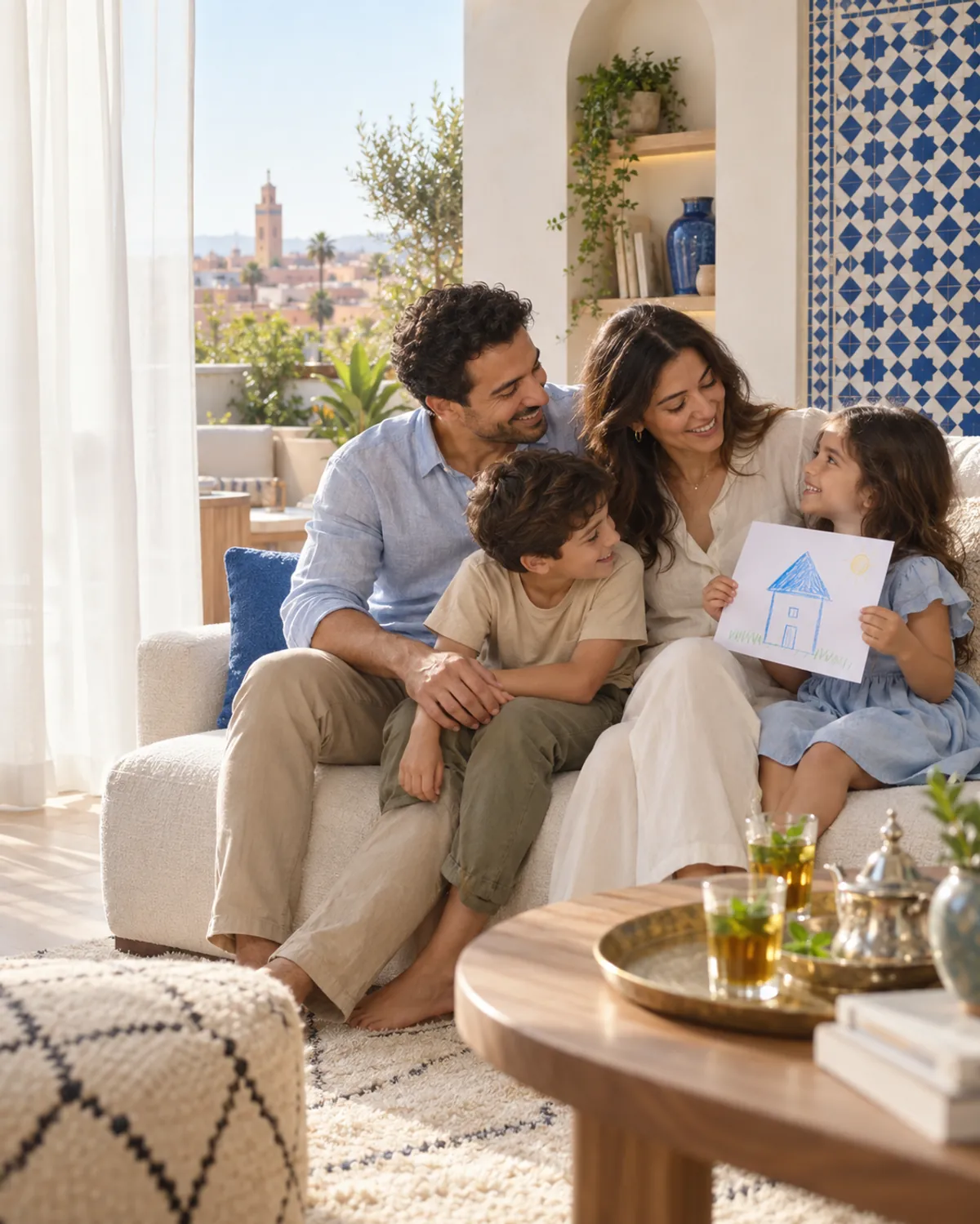 Un jeune couple marocain et son garçon sourient à leur petite fille qui leur montre le dessin de sa maison, dans un intérieur lumineux aux zelliges bleus